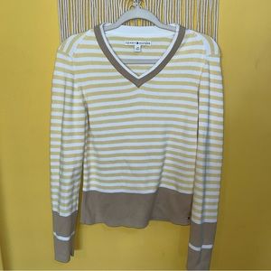 Tommy Hilfiger 100% Cotton V-Neck Yellow, Tan, White Striped Knit Top Size Large